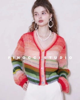 Retro lantern sleeve unique mohair rainbow winter cardigan