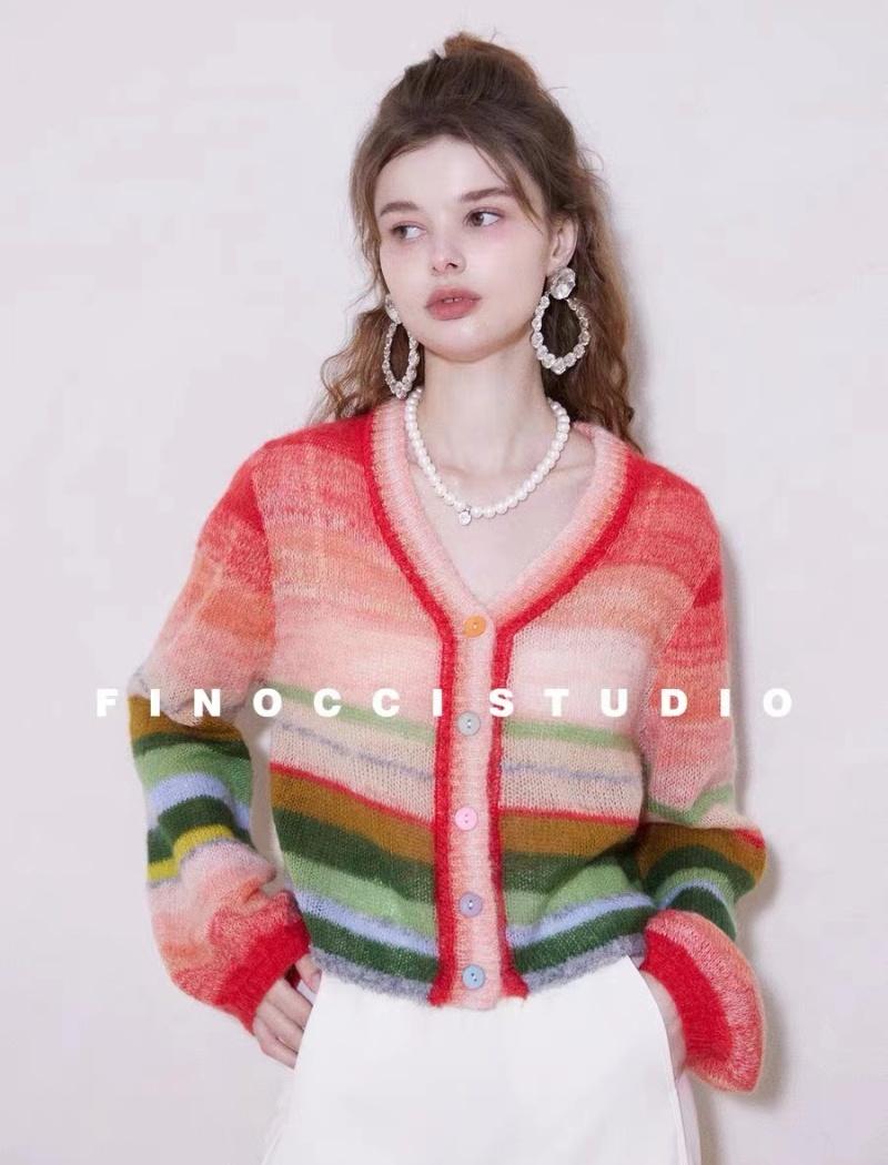 Retro lantern sleeve unique mohair rainbow winter cardigan