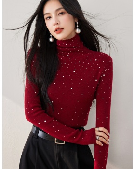 Autumn red bottoming shirt rhinestone tops