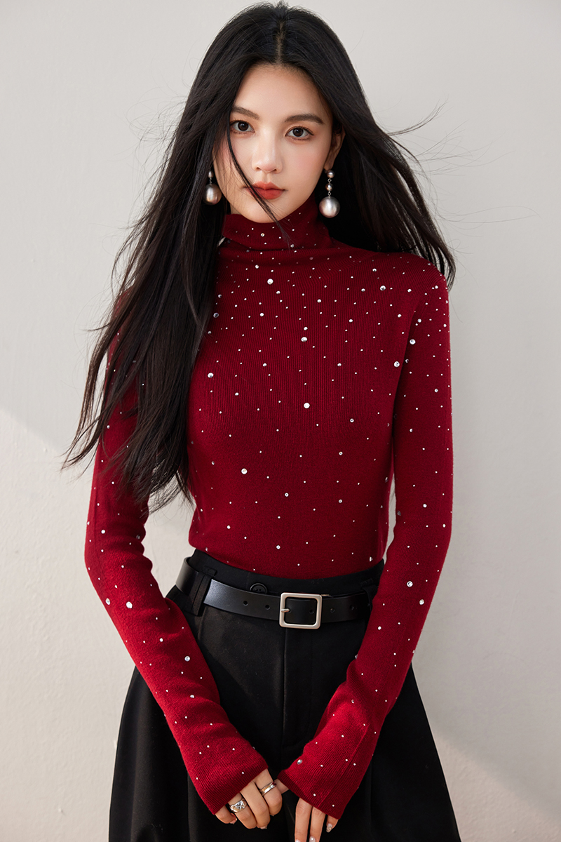 Autumn red bottoming shirt rhinestone tops