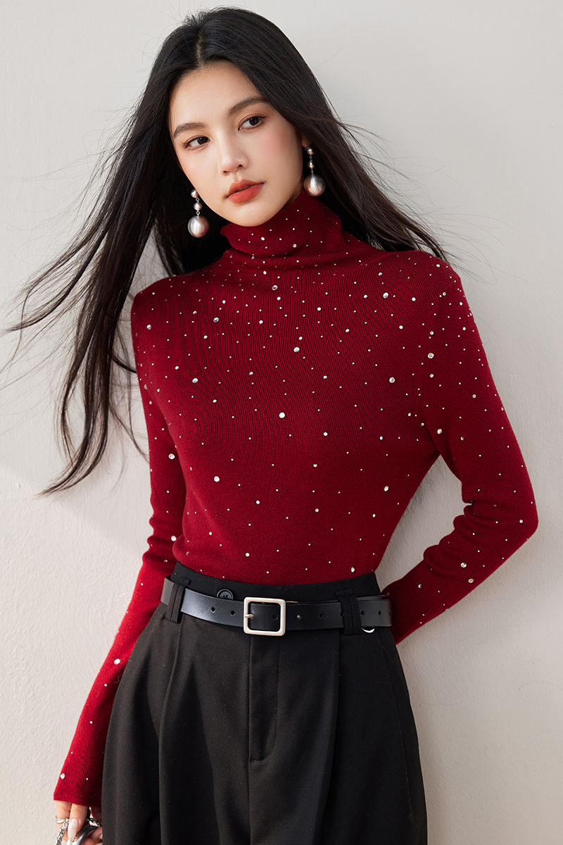 Autumn red bottoming shirt rhinestone tops