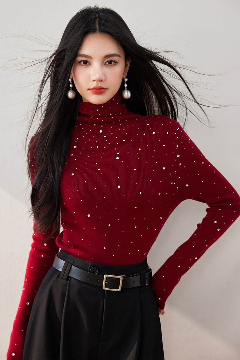 Autumn red bottoming shirt rhinestone tops