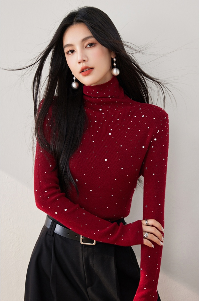 Autumn red bottoming shirt rhinestone tops