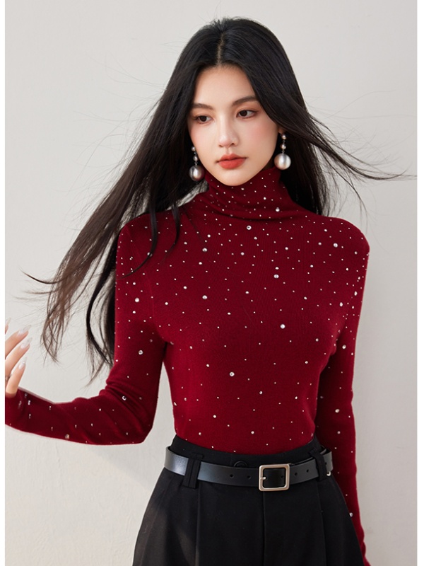 Autumn red bottoming shirt rhinestone tops