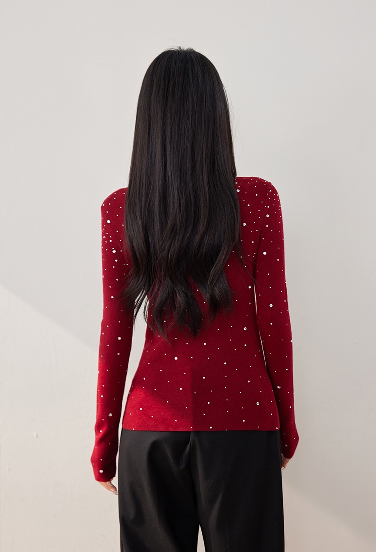 Autumn red bottoming shirt rhinestone tops