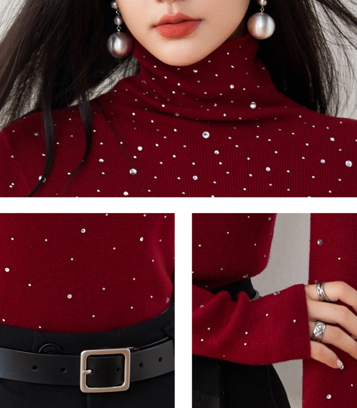 Autumn red bottoming shirt rhinestone tops