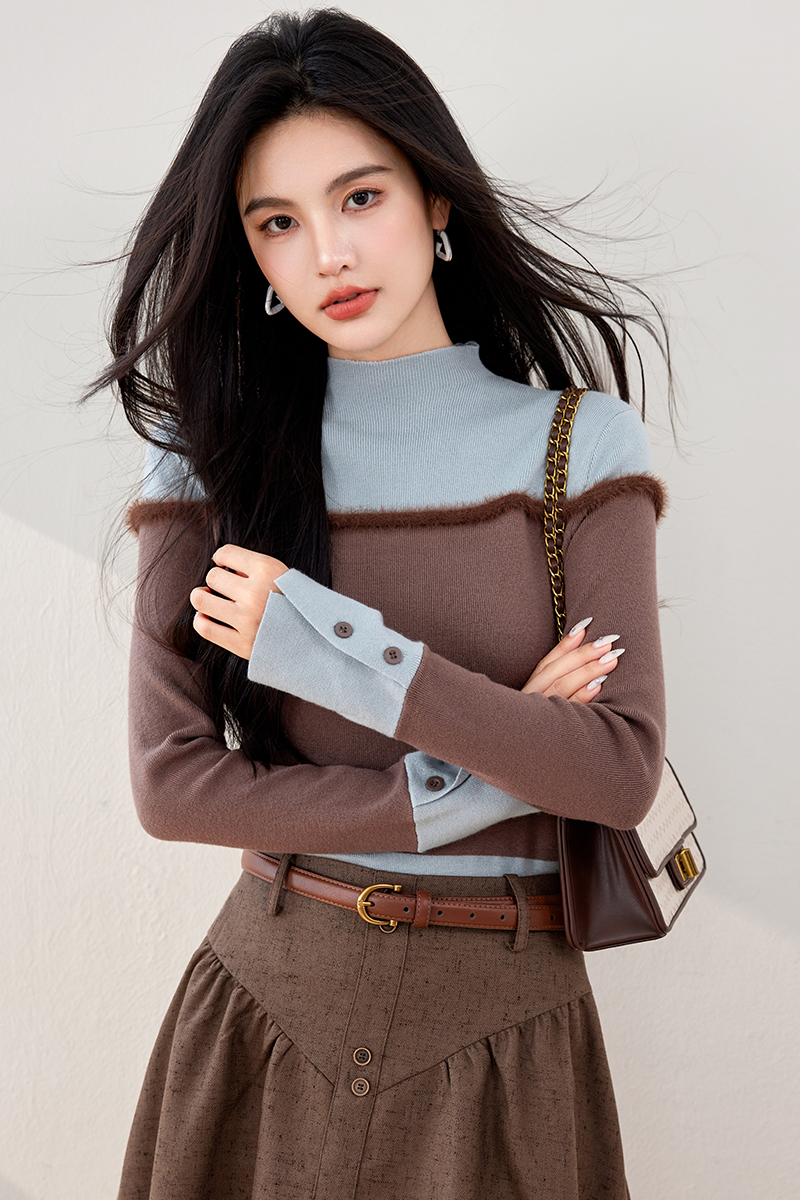 Autumn and winter Pseudo-two sweater retro tops for women