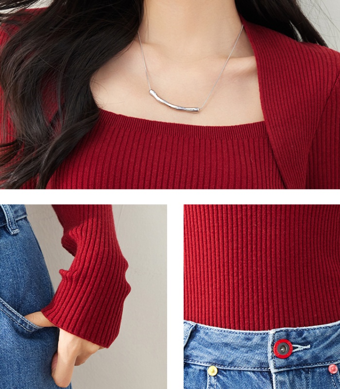 Temperament Pseudo-two bottoming shirt slim sweater for women