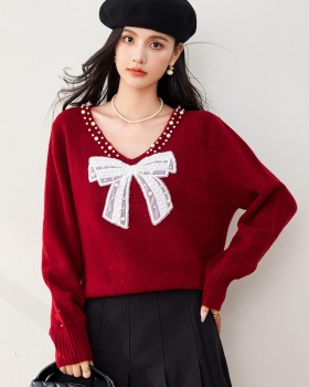 Slim beading temperament sweater V-neck bow tops