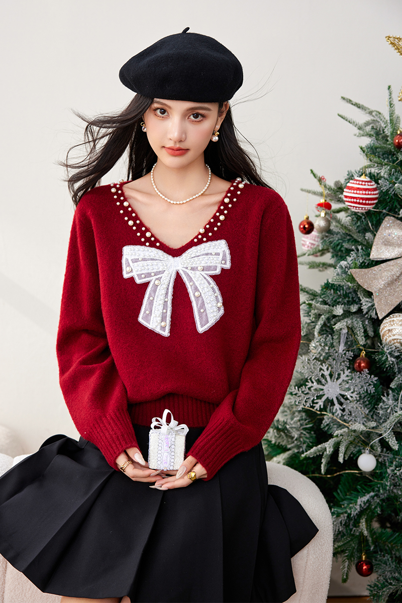 Slim beading temperament sweater V-neck bow tops