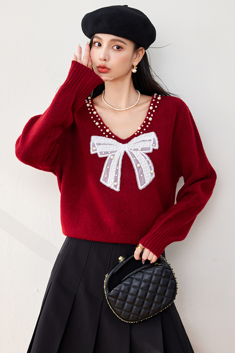 Slim beading temperament sweater V-neck bow tops