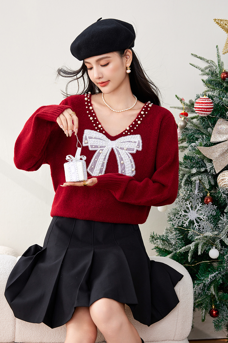 Slim beading temperament sweater V-neck bow tops