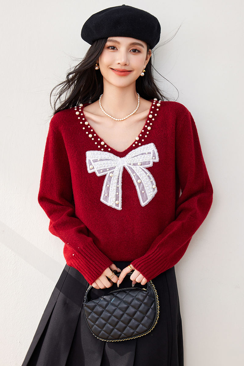 Slim beading temperament sweater V-neck bow tops