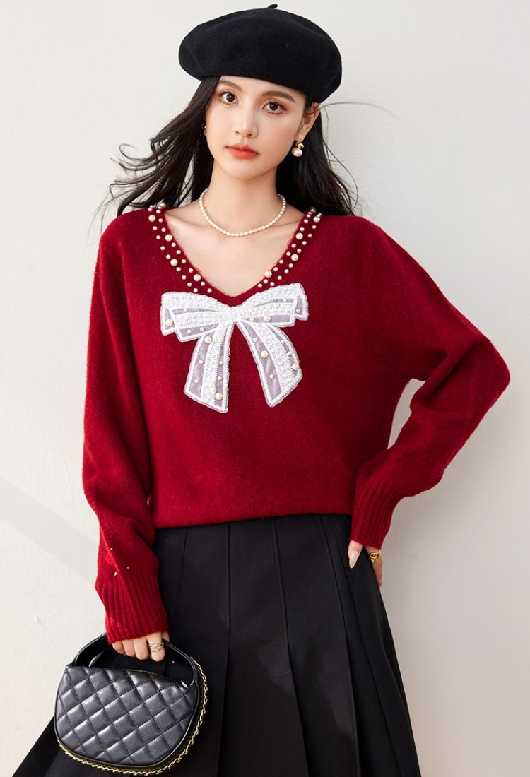 Slim beading temperament sweater V-neck bow tops