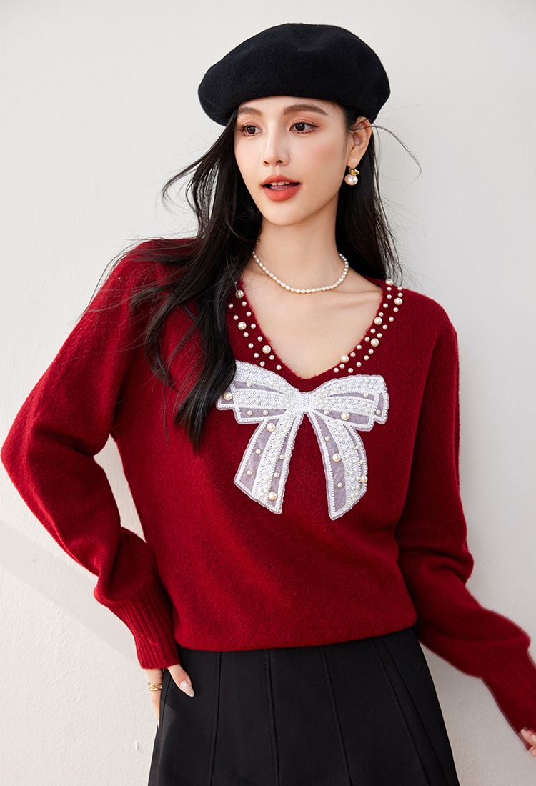 Slim beading temperament sweater V-neck bow tops