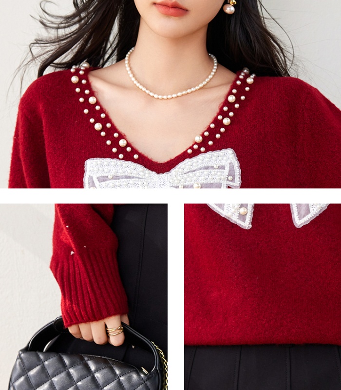 Slim beading temperament sweater V-neck bow tops