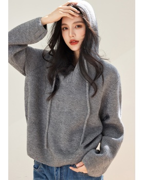 V-neck lazy long sleeve fashion knitted loose sweater for women