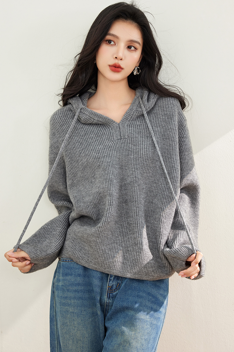 V-neck lazy long sleeve fashion knitted loose sweater for women