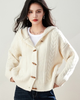 Horn buckle hooded cardigan knitted coat for women