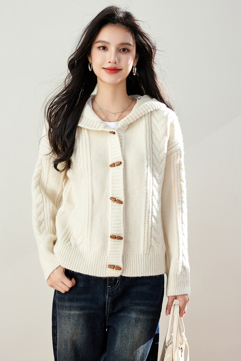 Horn buckle hooded cardigan knitted coat for women