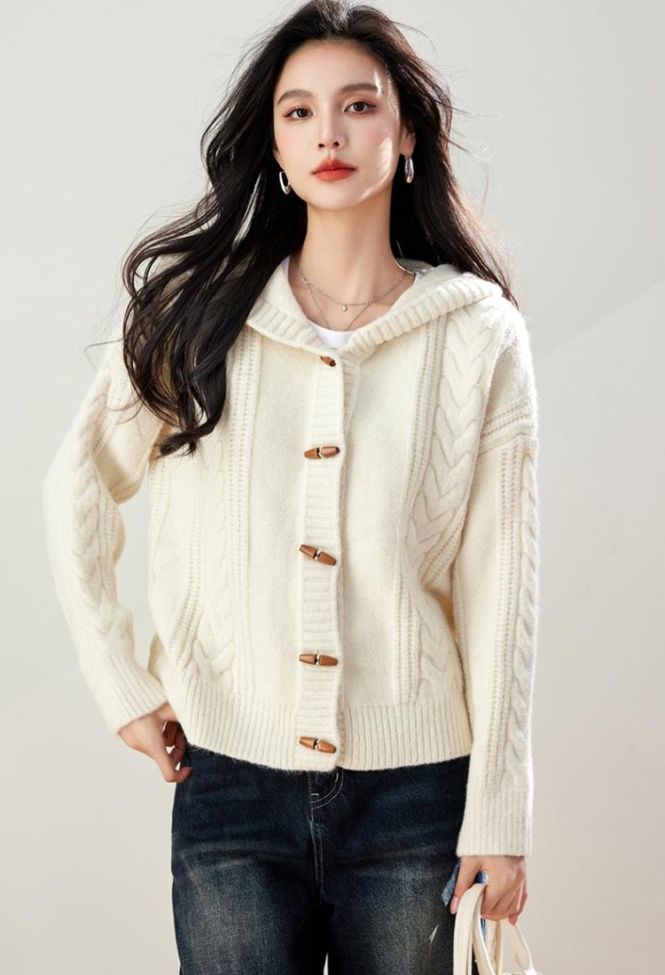 Horn buckle hooded cardigan knitted coat for women