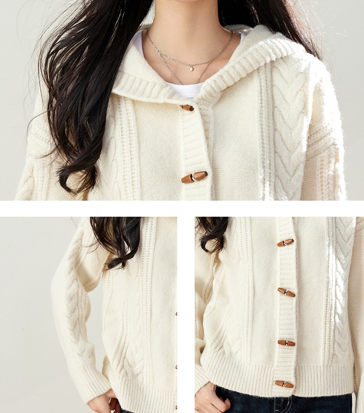 Horn buckle hooded cardigan knitted coat for women