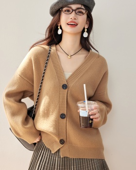 Khaki knitted retro tops camel lazy coat for women