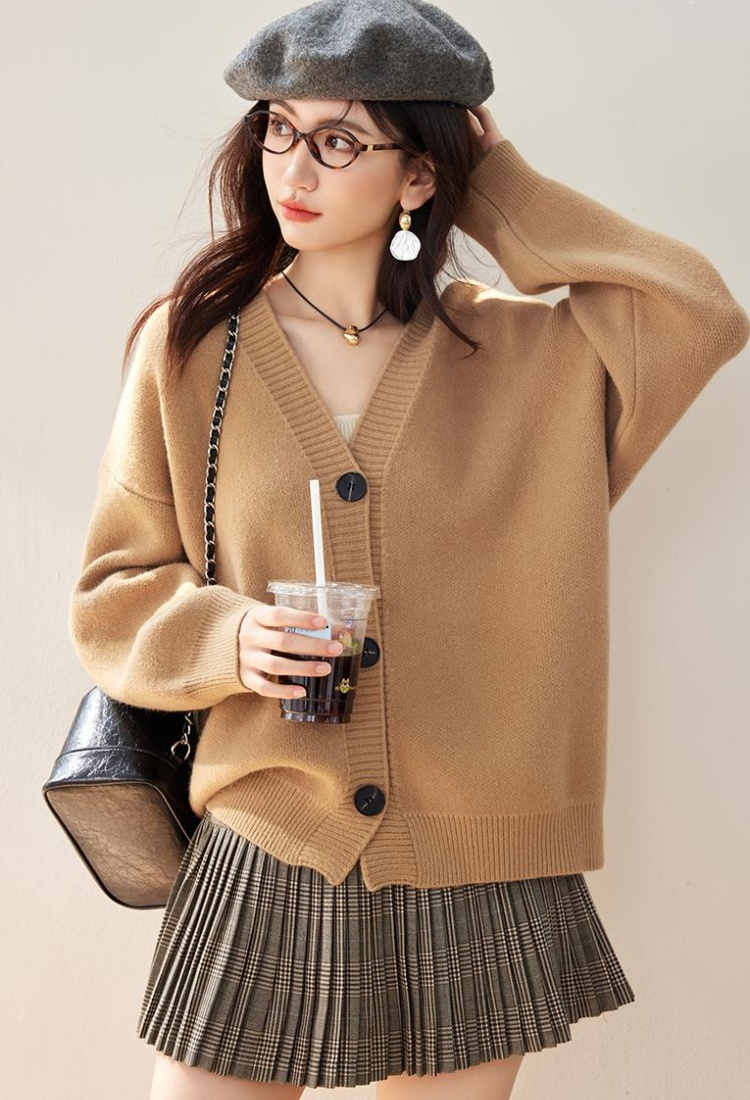 Khaki knitted retro tops camel lazy coat for women