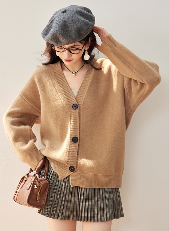 Khaki knitted retro tops camel lazy coat for women