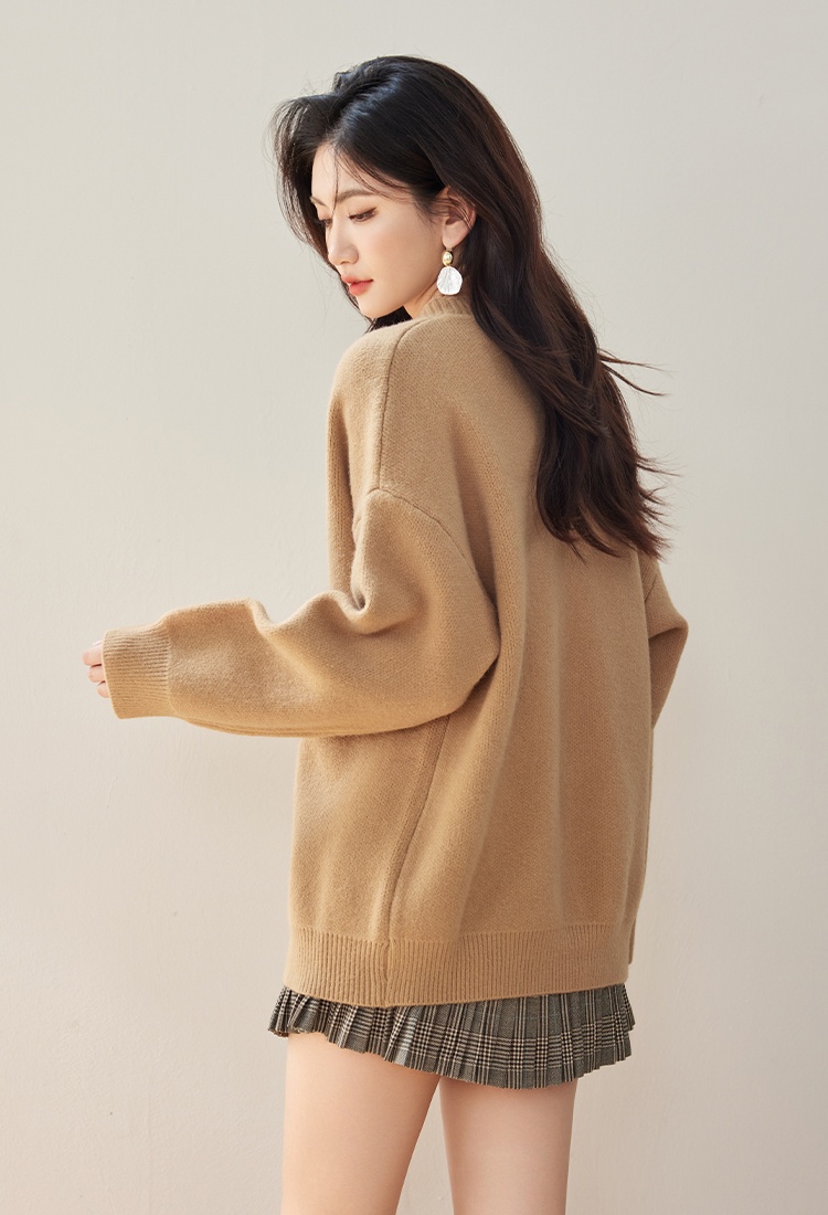 Khaki knitted retro tops camel lazy coat for women