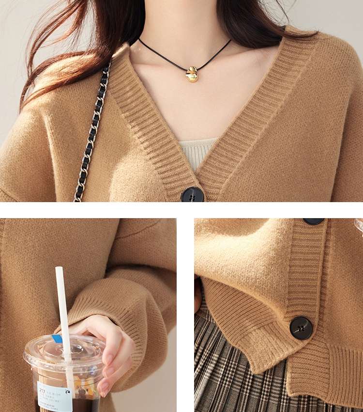 Khaki knitted retro tops camel lazy coat for women