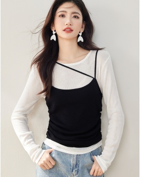 Sling Pseudo-two tops all-match T-shirt 2pcs set for women