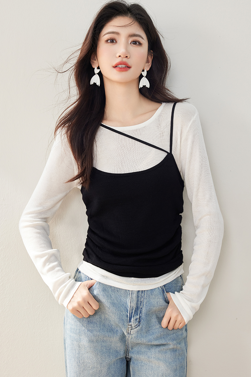 Sling Pseudo-two tops all-match T-shirt 2pcs set for women