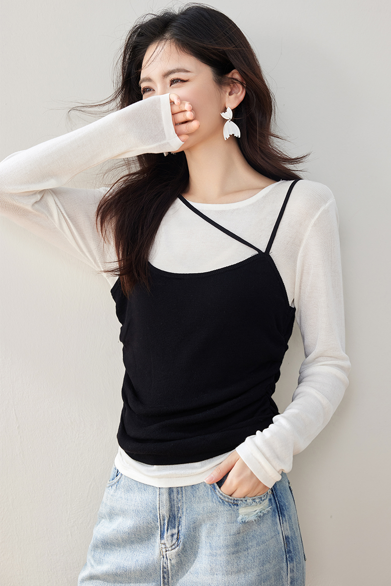 Sling Pseudo-two tops all-match T-shirt 2pcs set for women