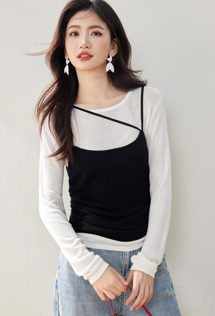 Sling Pseudo-two tops all-match T-shirt 2pcs set for women