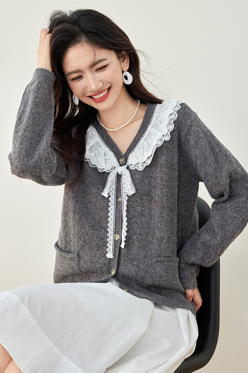 Japanese style sweater lace collar coat for women