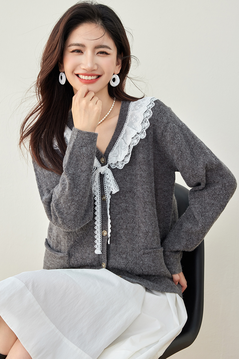 Japanese style sweater lace collar coat for women