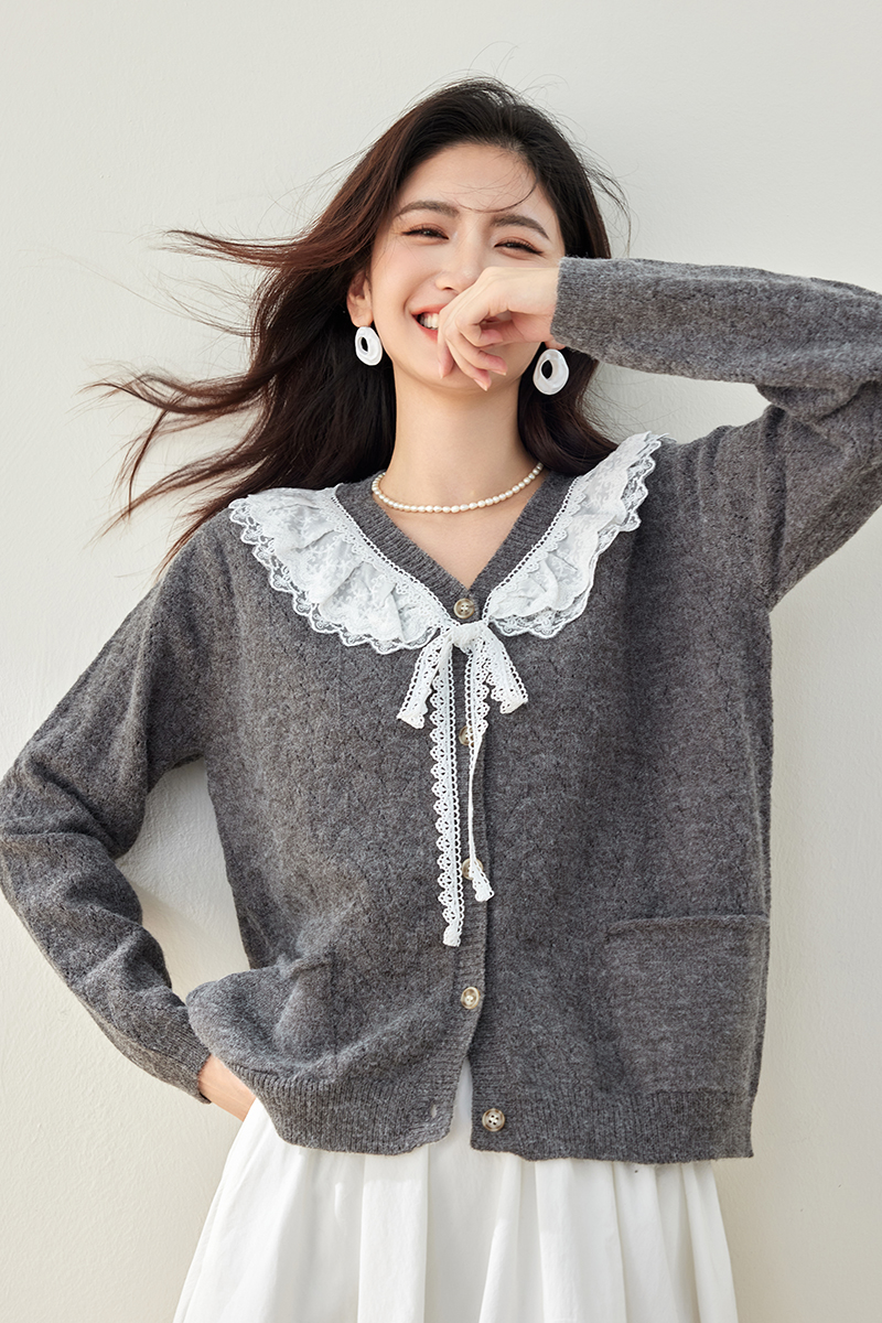 Japanese style sweater lace collar coat for women