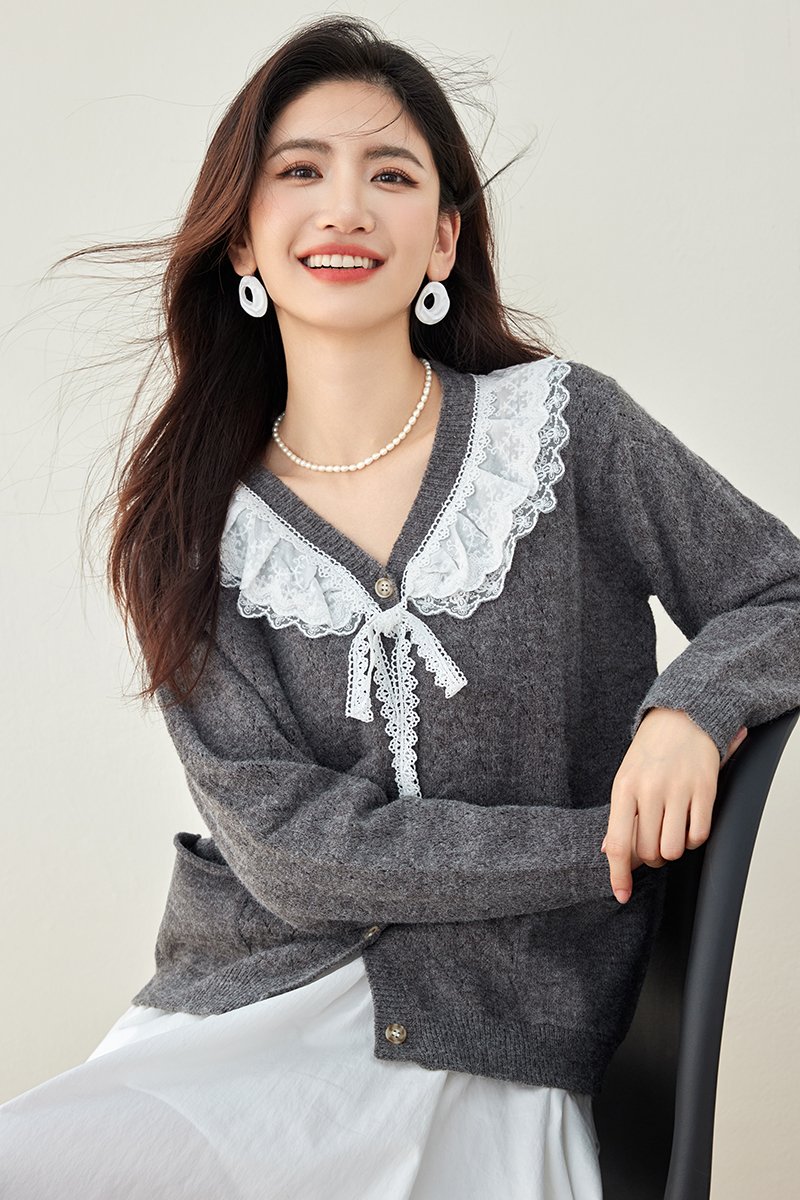 Japanese style sweater lace collar coat for women