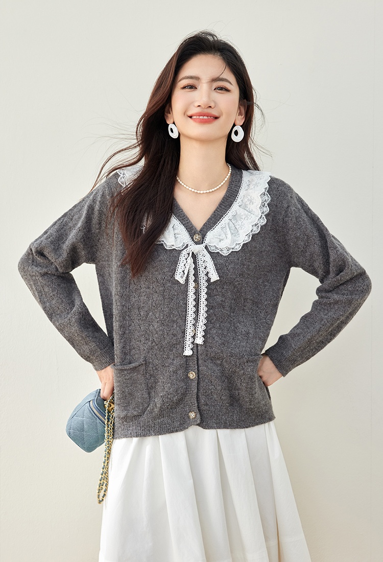 Japanese style sweater lace collar coat for women