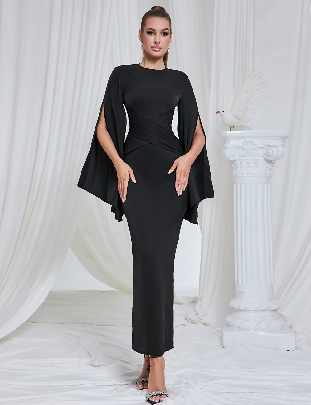 Pure simple evening dress round neck long sleeve dress