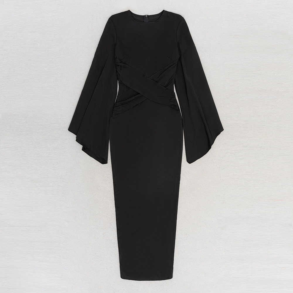 Pure simple evening dress round neck long sleeve dress