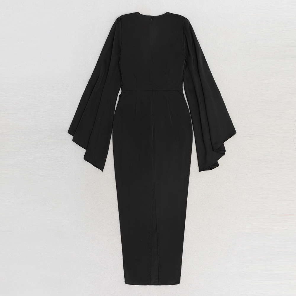 Pure simple evening dress round neck long sleeve dress