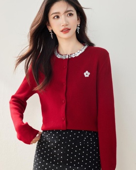 Red sequins coat embroidered flowers round neck sweater