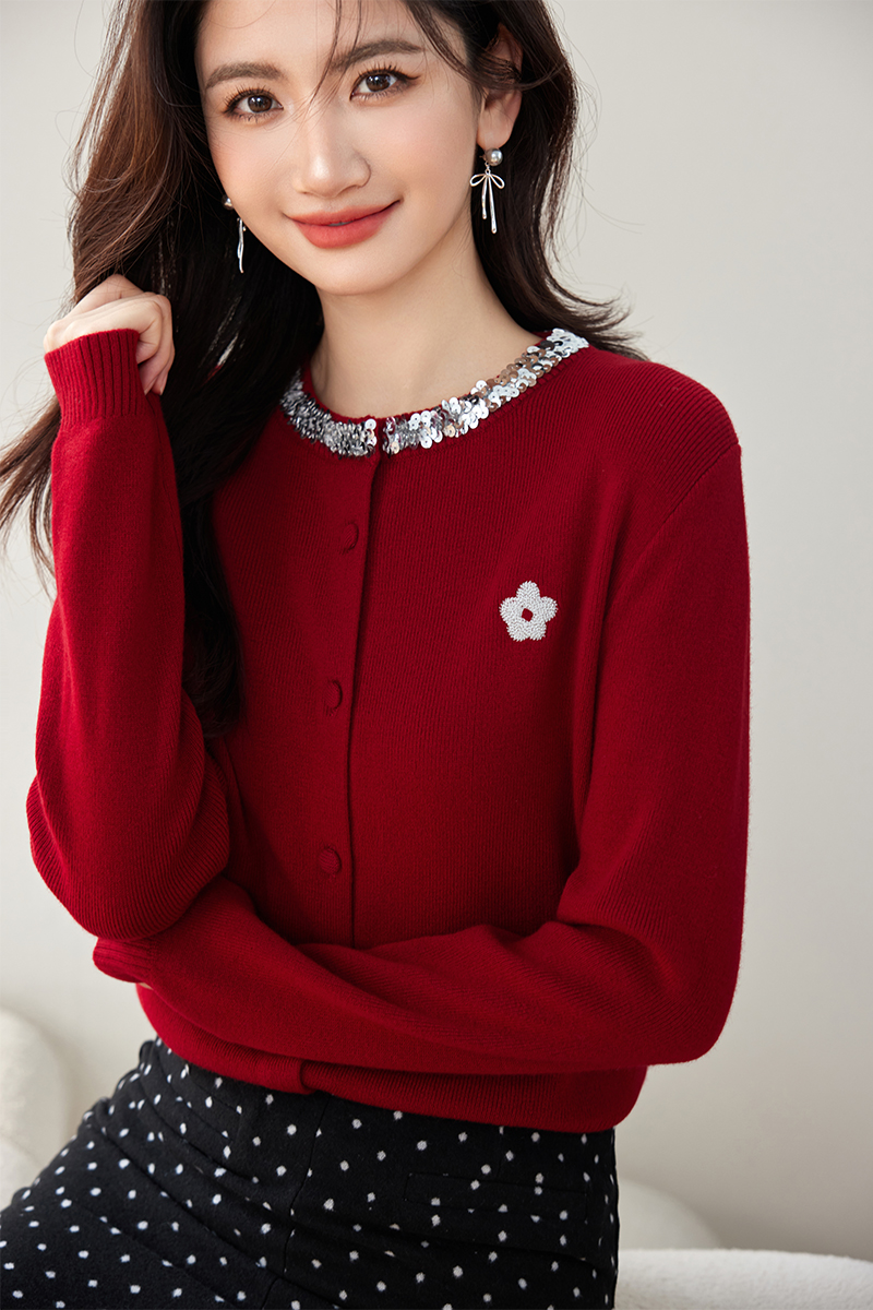 Red sequins coat embroidered flowers round neck sweater