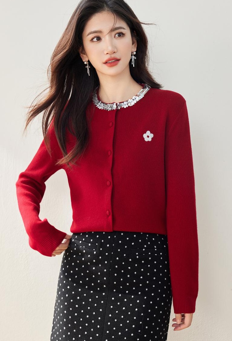 Red sequins coat embroidered flowers round neck sweater