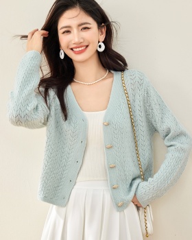 Blue knitted tender tops short V-neck cardigan for women