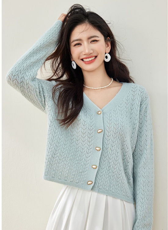 Blue knitted tender tops short V-neck cardigan for women