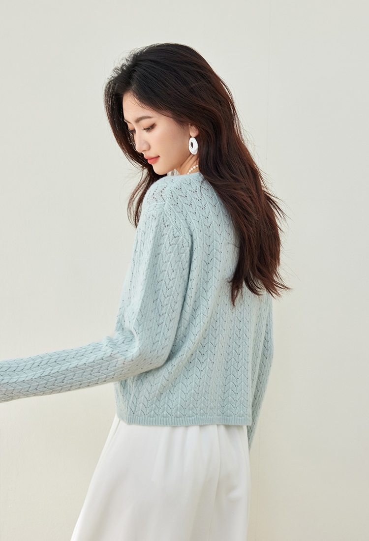 Blue knitted tender tops short V-neck cardigan for women