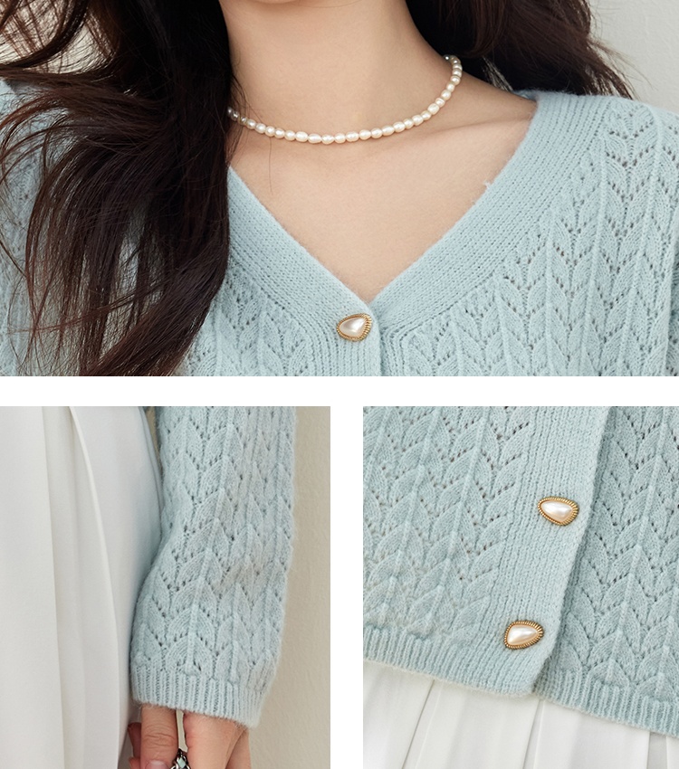 Blue knitted tender tops short V-neck cardigan for women